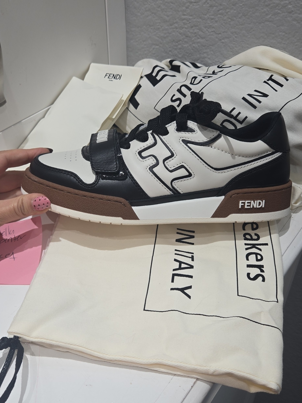 Fendi Black and White Low Top Sneaker with Brown Sole - Picture 2 of 3